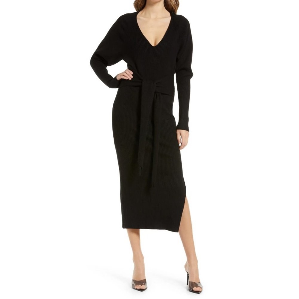 Good American Belted Body Con Black‎ Long Sleeve Midi Dress Size 5